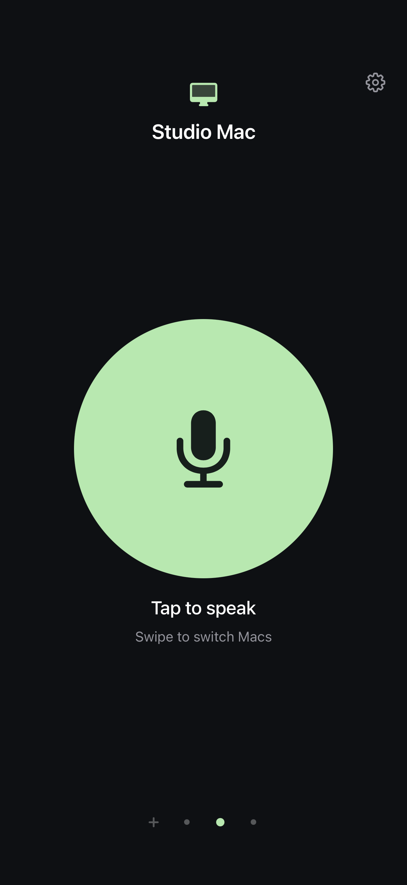 The iPhone home screen showing a paired Studio Mac and a large microphone button